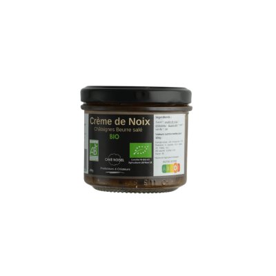 Pot de crème de noix au beurre salé bio de Cave Noisel avec sa liste d'ingrédients